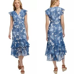 Tommy Hilfiger Chiffon Paisley Floral Ruffle Wedding Garden Party Zip Maxi Dress